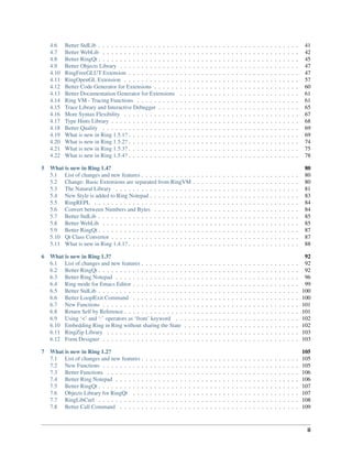 4.6 Better StdLib . . . . . . . . . . . . . . . . . . . . . . . . . . . . . . . . . . . . . . . . . . . . . . . 41
4.7 Better WebLib . . . . . . . . . . . . . . . . . . . . . . . . . . . . . . . . . . . . . . . . . . . . . . 42
4.8 Better RingQt . . . . . . . . . . . . . . . . . . . . . . . . . . . . . . . . . . . . . . . . . . . . . . . 45
4.9 Better Objects Library . . . . . . . . . . . . . . . . . . . . . . . . . . . . . . . . . . . . . . . . . . 47
4.10 RingFreeGLUT Extension . . . . . . . . . . . . . . . . . . . . . . . . . . . . . . . . . . . . . . . . 47
4.11 RingOpenGL Extension . . . . . . . . . . . . . . . . . . . . . . . . . . . . . . . . . . . . . . . . . 57
4.12 Better Code Generator for Extensions . . . . . . . . . . . . . . . . . . . . . . . . . . . . . . . . . . 60
4.13 Better Documentation Generator for Extensions . . . . . . . . . . . . . . . . . . . . . . . . . . . . 61
4.14 Ring VM - Tracing Functions . . . . . . . . . . . . . . . . . . . . . . . . . . . . . . . . . . . . . . 61
4.15 Trace Library and Interactive Debugger . . . . . . . . . . . . . . . . . . . . . . . . . . . . . . . . . 65
4.16 More Syntax Flexibility . . . . . . . . . . . . . . . . . . . . . . . . . . . . . . . . . . . . . . . . . 67
4.17 Type Hints Library . . . . . . . . . . . . . . . . . . . . . . . . . . . . . . . . . . . . . . . . . . . . 68
4.18 Better Quality . . . . . . . . . . . . . . . . . . . . . . . . . . . . . . . . . . . . . . . . . . . . . . 69
4.19 What is new in Ring 1.5.1? . . . . . . . . . . . . . . . . . . . . . . . . . . . . . . . . . . . . . . . . 69
4.20 What is new in Ring 1.5.2? . . . . . . . . . . . . . . . . . . . . . . . . . . . . . . . . . . . . . . . . 74
4.21 What is new in Ring 1.5.3? . . . . . . . . . . . . . . . . . . . . . . . . . . . . . . . . . . . . . . . . 75
4.22 What is new in Ring 1.5.4? . . . . . . . . . . . . . . . . . . . . . . . . . . . . . . . . . . . . . . . . 78
5 What is new in Ring 1.4? 80
5.1 List of changes and new features . . . . . . . . . . . . . . . . . . . . . . . . . . . . . . . . . . . . . 80
5.2 Change: Basic Extensions are separated from RingVM . . . . . . . . . . . . . . . . . . . . . . . . . 80
5.3 The Natural Library . . . . . . . . . . . . . . . . . . . . . . . . . . . . . . . . . . . . . . . . . . . 81
5.4 New Style is added to Ring Notepad . . . . . . . . . . . . . . . . . . . . . . . . . . . . . . . . . . . 83
5.5 RingREPL . . . . . . . . . . . . . . . . . . . . . . . . . . . . . . . . . . . . . . . . . . . . . . . . 84
5.6 Convert between Numbers and Bytes . . . . . . . . . . . . . . . . . . . . . . . . . . . . . . . . . . 84
5.7 Better StdLib . . . . . . . . . . . . . . . . . . . . . . . . . . . . . . . . . . . . . . . . . . . . . . . 85
5.8 Better WebLib . . . . . . . . . . . . . . . . . . . . . . . . . . . . . . . . . . . . . . . . . . . . . . 85
5.9 Better RingQt . . . . . . . . . . . . . . . . . . . . . . . . . . . . . . . . . . . . . . . . . . . . . . . 87
5.10 Qt Class Convertor . . . . . . . . . . . . . . . . . . . . . . . . . . . . . . . . . . . . . . . . . . . . 87
5.11 What is new in Ring 1.4.1? . . . . . . . . . . . . . . . . . . . . . . . . . . . . . . . . . . . . . . . . 88
6 What is new in Ring 1.3? 92
6.1 List of changes and new features . . . . . . . . . . . . . . . . . . . . . . . . . . . . . . . . . . . . . 92
6.2 Better RingQt . . . . . . . . . . . . . . . . . . . . . . . . . . . . . . . . . . . . . . . . . . . . . . . 92
6.3 Better Ring Notepad . . . . . . . . . . . . . . . . . . . . . . . . . . . . . . . . . . . . . . . . . . . 96
6.4 Ring mode for Emacs Editor . . . . . . . . . . . . . . . . . . . . . . . . . . . . . . . . . . . . . . . 99
6.5 Better StdLib . . . . . . . . . . . . . . . . . . . . . . . . . . . . . . . . . . . . . . . . . . . . . . . 100
6.6 Better Loop|Exit Command . . . . . . . . . . . . . . . . . . . . . . . . . . . . . . . . . . . . . . . 100
6.7 New Functions . . . . . . . . . . . . . . . . . . . . . . . . . . . . . . . . . . . . . . . . . . . . . . 101
6.8 Return Self by Reference . . . . . . . . . . . . . . . . . . . . . . . . . . . . . . . . . . . . . . . . . 101
6.9 Using ‘<’ and ‘:’ operators as ‘from’ keyword . . . . . . . . . . . . . . . . . . . . . . . . . . . . . 102
6.10 Embedding Ring in Ring without sharing the State . . . . . . . . . . . . . . . . . . . . . . . . . . . 102
6.11 RingZip Library . . . . . . . . . . . . . . . . . . . . . . . . . . . . . . . . . . . . . . . . . . . . . 103
6.12 Form Designer . . . . . . . . . . . . . . . . . . . . . . . . . . . . . . . . . . . . . . . . . . . . . . 103
7 What is new in Ring 1.2? 105
7.1 List of changes and new features . . . . . . . . . . . . . . . . . . . . . . . . . . . . . . . . . . . . . 105
7.2 New Functions . . . . . . . . . . . . . . . . . . . . . . . . . . . . . . . . . . . . . . . . . . . . . . 105
7.3 Better Functions . . . . . . . . . . . . . . . . . . . . . . . . . . . . . . . . . . . . . . . . . . . . . 106
7.4 Better Ring Notepad . . . . . . . . . . . . . . . . . . . . . . . . . . . . . . . . . . . . . . . . . . . 106
7.5 Better RingQt . . . . . . . . . . . . . . . . . . . . . . . . . . . . . . . . . . . . . . . . . . . . . . . 107
7.6 Objects Library for RingQt . . . . . . . . . . . . . . . . . . . . . . . . . . . . . . . . . . . . . . . 107
7.7 RingLibCurl . . . . . . . . . . . . . . . . . . . . . . . . . . . . . . . . . . . . . . . . . . . . . . . 108
7.8 Better Call Command . . . . . . . . . . . . . . . . . . . . . . . . . . . . . . . . . . . . . . . . . . 109
ii
 