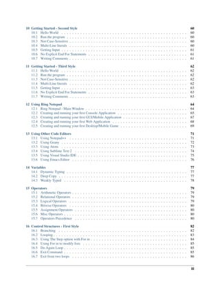 10 Getting Started - Second Style 60
10.1 Hello World . . . . . . . . . . . . . . . . . . . . . . . . . . . . . . . . . . . . . . . . . . . . . . . 60
10.2 Run the program . . . . . . . . . . . . . . . . . . . . . . . . . . . . . . . . . . . . . . . . . . . . . 60
10.3 Not Case-Sensitive . . . . . . . . . . . . . . . . . . . . . . . . . . . . . . . . . . . . . . . . . . . . 60
10.4 Multi-Line literals . . . . . . . . . . . . . . . . . . . . . . . . . . . . . . . . . . . . . . . . . . . . 60
10.5 Getting Input . . . . . . . . . . . . . . . . . . . . . . . . . . . . . . . . . . . . . . . . . . . . . . . 61
10.6 No Explicit End For Statements . . . . . . . . . . . . . . . . . . . . . . . . . . . . . . . . . . . . . 61
10.7 Writing Comments . . . . . . . . . . . . . . . . . . . . . . . . . . . . . . . . . . . . . . . . . . . . 61
11 Getting Started - Third Style 62
11.1 Hello World . . . . . . . . . . . . . . . . . . . . . . . . . . . . . . . . . . . . . . . . . . . . . . . 62
11.2 Run the program . . . . . . . . . . . . . . . . . . . . . . . . . . . . . . . . . . . . . . . . . . . . . 62
11.3 Not Case-Sensitive . . . . . . . . . . . . . . . . . . . . . . . . . . . . . . . . . . . . . . . . . . . . 62
11.4 Multi-Line literals . . . . . . . . . . . . . . . . . . . . . . . . . . . . . . . . . . . . . . . . . . . . 62
11.5 Getting Input . . . . . . . . . . . . . . . . . . . . . . . . . . . . . . . . . . . . . . . . . . . . . . . 63
11.6 No Explicit End For Statements . . . . . . . . . . . . . . . . . . . . . . . . . . . . . . . . . . . . . 63
11.7 Writing Comments . . . . . . . . . . . . . . . . . . . . . . . . . . . . . . . . . . . . . . . . . . . . 63
12 Using Ring Notepad 64
12.1 Ring Notepad - Main Window . . . . . . . . . . . . . . . . . . . . . . . . . . . . . . . . . . . . . . 64
12.2 Creating and running your ﬁrst Console Application . . . . . . . . . . . . . . . . . . . . . . . . . . 65
12.3 Creating and running your ﬁrst GUI/Mobile Application . . . . . . . . . . . . . . . . . . . . . . . . 67
12.4 Creating and running your ﬁrst Web Application . . . . . . . . . . . . . . . . . . . . . . . . . . . . 68
12.5 Creating and running your ﬁrst Desktop/Mobile Game . . . . . . . . . . . . . . . . . . . . . . . . . 69
13 Using Other Code Editors 71
13.1 Using Notepad++ . . . . . . . . . . . . . . . . . . . . . . . . . . . . . . . . . . . . . . . . . . . . 71
13.2 Using Geany . . . . . . . . . . . . . . . . . . . . . . . . . . . . . . . . . . . . . . . . . . . . . . . 72
13.3 Using Atom . . . . . . . . . . . . . . . . . . . . . . . . . . . . . . . . . . . . . . . . . . . . . . . 73
13.4 Using Sublime Text 2 . . . . . . . . . . . . . . . . . . . . . . . . . . . . . . . . . . . . . . . . . . 74
13.5 Using Visual Studio IDE . . . . . . . . . . . . . . . . . . . . . . . . . . . . . . . . . . . . . . . . . 75
13.6 Using Emacs Editor . . . . . . . . . . . . . . . . . . . . . . . . . . . . . . . . . . . . . . . . . . . 76
14 Variables 77
14.1 Dynamic Typing . . . . . . . . . . . . . . . . . . . . . . . . . . . . . . . . . . . . . . . . . . . . . 77
14.2 Deep Copy . . . . . . . . . . . . . . . . . . . . . . . . . . . . . . . . . . . . . . . . . . . . . . . . 77
14.3 Weakly Typed . . . . . . . . . . . . . . . . . . . . . . . . . . . . . . . . . . . . . . . . . . . . . . 78
15 Operators 79
15.1 Arithmetic Operators . . . . . . . . . . . . . . . . . . . . . . . . . . . . . . . . . . . . . . . . . . . 79
15.2 Relational Operators . . . . . . . . . . . . . . . . . . . . . . . . . . . . . . . . . . . . . . . . . . . 79
15.3 Logical Operators . . . . . . . . . . . . . . . . . . . . . . . . . . . . . . . . . . . . . . . . . . . . 79
15.4 Bitwise Operators . . . . . . . . . . . . . . . . . . . . . . . . . . . . . . . . . . . . . . . . . . . . 80
15.5 Assignment Operators . . . . . . . . . . . . . . . . . . . . . . . . . . . . . . . . . . . . . . . . . . 80
15.6 Misc Operators . . . . . . . . . . . . . . . . . . . . . . . . . . . . . . . . . . . . . . . . . . . . . . 80
15.7 Operators Precedence . . . . . . . . . . . . . . . . . . . . . . . . . . . . . . . . . . . . . . . . . . 80
16 Control Structures - First Style 82
16.1 Branching . . . . . . . . . . . . . . . . . . . . . . . . . . . . . . . . . . . . . . . . . . . . . . . . 82
16.2 Looping . . . . . . . . . . . . . . . . . . . . . . . . . . . . . . . . . . . . . . . . . . . . . . . . . . 83
16.3 Using The Step option with For in . . . . . . . . . . . . . . . . . . . . . . . . . . . . . . . . . . . . 84
16.4 Using For in to modify lists . . . . . . . . . . . . . . . . . . . . . . . . . . . . . . . . . . . . . . . 85
16.5 Do Again Loop . . . . . . . . . . . . . . . . . . . . . . . . . . . . . . . . . . . . . . . . . . . . . . 85
16.6 Exit Command . . . . . . . . . . . . . . . . . . . . . . . . . . . . . . . . . . . . . . . . . . . . . . 85
16.7 Exit from two loops . . . . . . . . . . . . . . . . . . . . . . . . . . . . . . . . . . . . . . . . . . . 86
iii
 