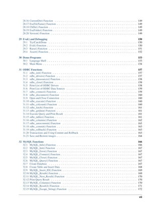 28.16 CurrentDir() Function . . . . . . . . . . . . . . . . . . . . . . . . . . . . . . . . . . . . . . . . . . 149
28.17 ExeFileName() Function . . . . . . . . . . . . . . . . . . . . . . . . . . . . . . . . . . . . . . . . . 149
28.18 ChDir() Function . . . . . . . . . . . . . . . . . . . . . . . . . . . . . . . . . . . . . . . . . . . . . 149
28.19 ExeFolder() Function . . . . . . . . . . . . . . . . . . . . . . . . . . . . . . . . . . . . . . . . . . . 149
28.20 Version() Function . . . . . . . . . . . . . . . . . . . . . . . . . . . . . . . . . . . . . . . . . . . . 149
29 Eval() and Debugging 150
29.1 Try/Catch/Done . . . . . . . . . . . . . . . . . . . . . . . . . . . . . . . . . . . . . . . . . . . . . 150
29.2 Eval() Function . . . . . . . . . . . . . . . . . . . . . . . . . . . . . . . . . . . . . . . . . . . . . . 150
29.3 Raise() Function . . . . . . . . . . . . . . . . . . . . . . . . . . . . . . . . . . . . . . . . . . . . . 151
29.4 Assert() Function . . . . . . . . . . . . . . . . . . . . . . . . . . . . . . . . . . . . . . . . . . . . . 152
30 Demo Programs 153
30.1 Language Shell . . . . . . . . . . . . . . . . . . . . . . . . . . . . . . . . . . . . . . . . . . . . . . 153
30.2 Main Menu . . . . . . . . . . . . . . . . . . . . . . . . . . . . . . . . . . . . . . . . . . . . . . . . 154
31 ODBC Functions 157
31.1 odbc_init() Function . . . . . . . . . . . . . . . . . . . . . . . . . . . . . . . . . . . . . . . . . . . 157
31.2 odbc_drivers() Function . . . . . . . . . . . . . . . . . . . . . . . . . . . . . . . . . . . . . . . . . 157
31.3 odbc_datasources() Function . . . . . . . . . . . . . . . . . . . . . . . . . . . . . . . . . . . . . . . 158
31.4 odbc_close() Function . . . . . . . . . . . . . . . . . . . . . . . . . . . . . . . . . . . . . . . . . . 158
31.5 Print List of ODBC Drivers . . . . . . . . . . . . . . . . . . . . . . . . . . . . . . . . . . . . . . . 158
31.6 Print List of ODBC Data Sources . . . . . . . . . . . . . . . . . . . . . . . . . . . . . . . . . . . . 159
31.7 odbc_connect() Function . . . . . . . . . . . . . . . . . . . . . . . . . . . . . . . . . . . . . . . . . 159
31.8 odbc_disconnect() Function . . . . . . . . . . . . . . . . . . . . . . . . . . . . . . . . . . . . . . . 160
31.9 Open and Close Connection . . . . . . . . . . . . . . . . . . . . . . . . . . . . . . . . . . . . . . . 160
31.10 odbc_execute() Function . . . . . . . . . . . . . . . . . . . . . . . . . . . . . . . . . . . . . . . . . 160
31.11 odbc_colcount() Function . . . . . . . . . . . . . . . . . . . . . . . . . . . . . . . . . . . . . . . . 160
31.12 odbc_fetch() Function . . . . . . . . . . . . . . . . . . . . . . . . . . . . . . . . . . . . . . . . . . 161
31.13 odbc_getdata() Function . . . . . . . . . . . . . . . . . . . . . . . . . . . . . . . . . . . . . . . . . 161
31.14 Execute Query and Print Result . . . . . . . . . . . . . . . . . . . . . . . . . . . . . . . . . . . . . 161
31.15 odbc_tables() Function . . . . . . . . . . . . . . . . . . . . . . . . . . . . . . . . . . . . . . . . . . 161
31.16 odbc_columns() Function . . . . . . . . . . . . . . . . . . . . . . . . . . . . . . . . . . . . . . . . 162
31.17 odbc_autocommit() Function . . . . . . . . . . . . . . . . . . . . . . . . . . . . . . . . . . . . . . 163
31.18 odbc_commit() Function . . . . . . . . . . . . . . . . . . . . . . . . . . . . . . . . . . . . . . . . . 163
31.19 odbc_rollback() Function . . . . . . . . . . . . . . . . . . . . . . . . . . . . . . . . . . . . . . . . 163
31.20 Transactions and Using Commit and Rollback . . . . . . . . . . . . . . . . . . . . . . . . . . . . . 163
31.21 Save and Restore images . . . . . . . . . . . . . . . . . . . . . . . . . . . . . . . . . . . . . . . . . 164
32 MySQL Functions 166
32.1 MySQL_Info() Function . . . . . . . . . . . . . . . . . . . . . . . . . . . . . . . . . . . . . . . . . 166
32.2 MySQL_Init() Function . . . . . . . . . . . . . . . . . . . . . . . . . . . . . . . . . . . . . . . . . 167
32.3 MySQL_Error() Function . . . . . . . . . . . . . . . . . . . . . . . . . . . . . . . . . . . . . . . . 167
32.4 MySQL_Connect() Function . . . . . . . . . . . . . . . . . . . . . . . . . . . . . . . . . . . . . . . 167
32.5 MySQL_Close() Function . . . . . . . . . . . . . . . . . . . . . . . . . . . . . . . . . . . . . . . . 167
32.6 MySQL_Query() Function . . . . . . . . . . . . . . . . . . . . . . . . . . . . . . . . . . . . . . . . 167
32.7 Create Database . . . . . . . . . . . . . . . . . . . . . . . . . . . . . . . . . . . . . . . . . . . . . 167
32.8 Create Table and Insert Data . . . . . . . . . . . . . . . . . . . . . . . . . . . . . . . . . . . . . . . 168
32.9 MySQL_Insert_ID() Function . . . . . . . . . . . . . . . . . . . . . . . . . . . . . . . . . . . . . . 169
32.10 MySQL_Result() Function . . . . . . . . . . . . . . . . . . . . . . . . . . . . . . . . . . . . . . . . 169
32.11 MySQL_Next_Result() Function . . . . . . . . . . . . . . . . . . . . . . . . . . . . . . . . . . . . 170
32.12 Print Query Result . . . . . . . . . . . . . . . . . . . . . . . . . . . . . . . . . . . . . . . . . . . . 170
32.13 MySQL_Columns() Function . . . . . . . . . . . . . . . . . . . . . . . . . . . . . . . . . . . . . . 170
32.14 MySQL_Result2() Function . . . . . . . . . . . . . . . . . . . . . . . . . . . . . . . . . . . . . . . 171
32.15 MySQL_Escape_String() Function . . . . . . . . . . . . . . . . . . . . . . . . . . . . . . . . . . . 172
vii
 