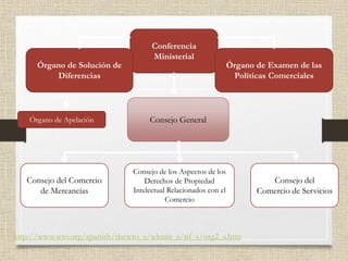 Conferencia
Ministerial
Órgano de Solución de
Diferencias
Órgano de Examen de las
Políticas Comerciales
Consejo General
Órgano de Apelación
Consejo del Comercio
de Mercancías
Consejo de los Aspectos de los
Derechos de Propiedad
Intelectual Relacionados con el
Comercio
Consejo del
Comercio de Servicios
http://www.wto.org/spanish/thewto_s/whatis_s/tif_s/org2_s.htm
 