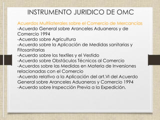 INSTRUMENTO JURIDICO DE OMC
Acuerdos Multilaterales sobre el Comercio de Mercancías
-Acuerdo General sobre Aranceles Aduaneros y de
Comercio 1994
-Acuerdo sobre Agricultura
-Acuerdo sobre la Aplicación de Medidas sanitarias y
Fitosanitarias
-Acuerdo sobre los textiles y el Vestido
-Acuerdo sobre Obstáculos Técnicos al Comercio
-Acuerdos sobre las Medidas en Materia de Inversiones
relacionadas con el Comercio
-Acuerdo relativo a la Aplicación del art.VI del Acuerdo
General sobre Aranceles Aduaneros y Comercio 1994
-Acuerdo sobre Inspección Previa a la Expedición.
 