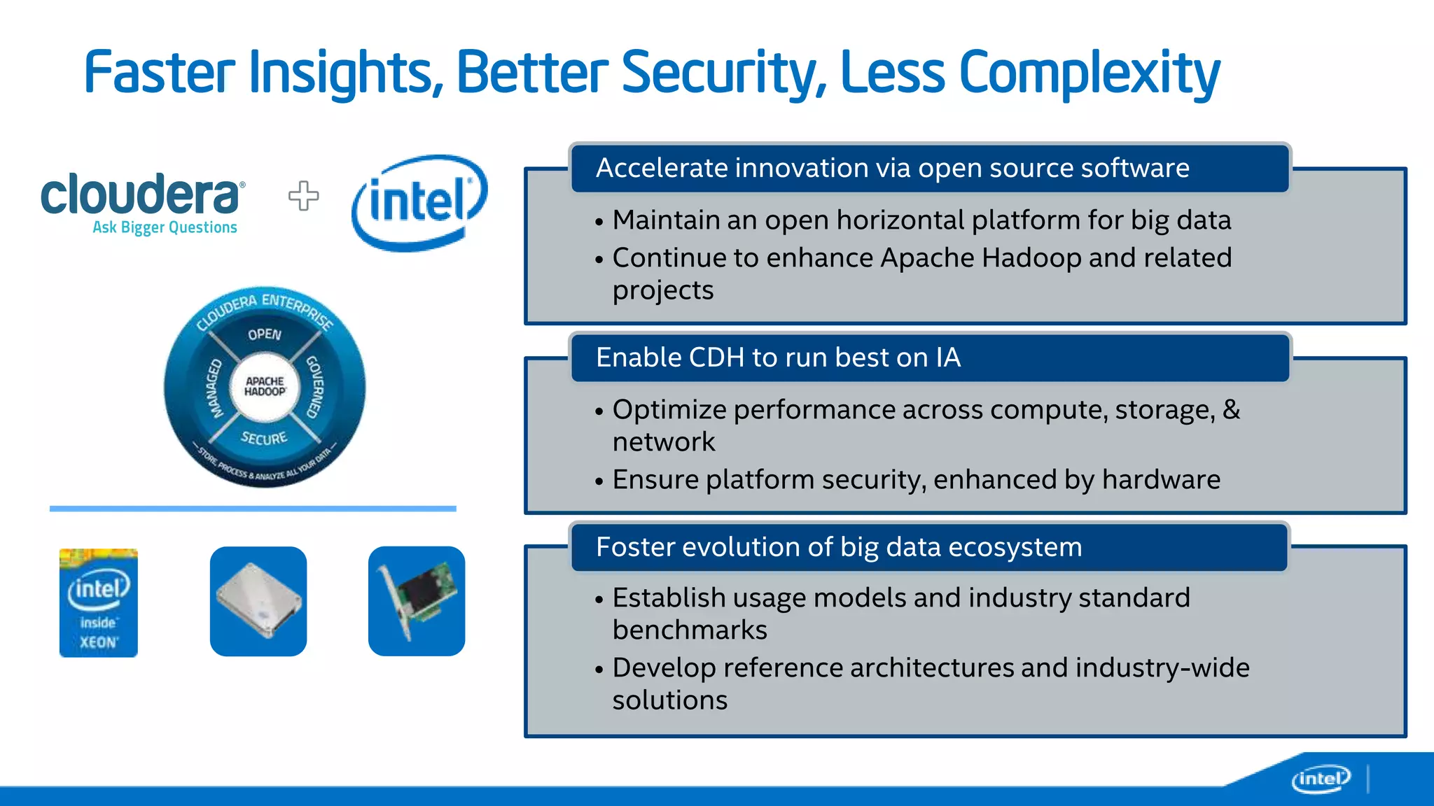 • Maintain an open horizontal platform for big data
• Continue to enhance Apache Hadoop and related
projects
Accelerate innovation via open source software
• Optimize performance across compute, storage, &
network
• Ensure platform security, enhanced by hardware
Enable CDH to run best on IA
• Establish usage models and industry standard
benchmarks
• Develop reference architectures and industry-wide
solutions
Foster evolution of big data ecosystem
Faster Insights, Better Security, Less Complexity