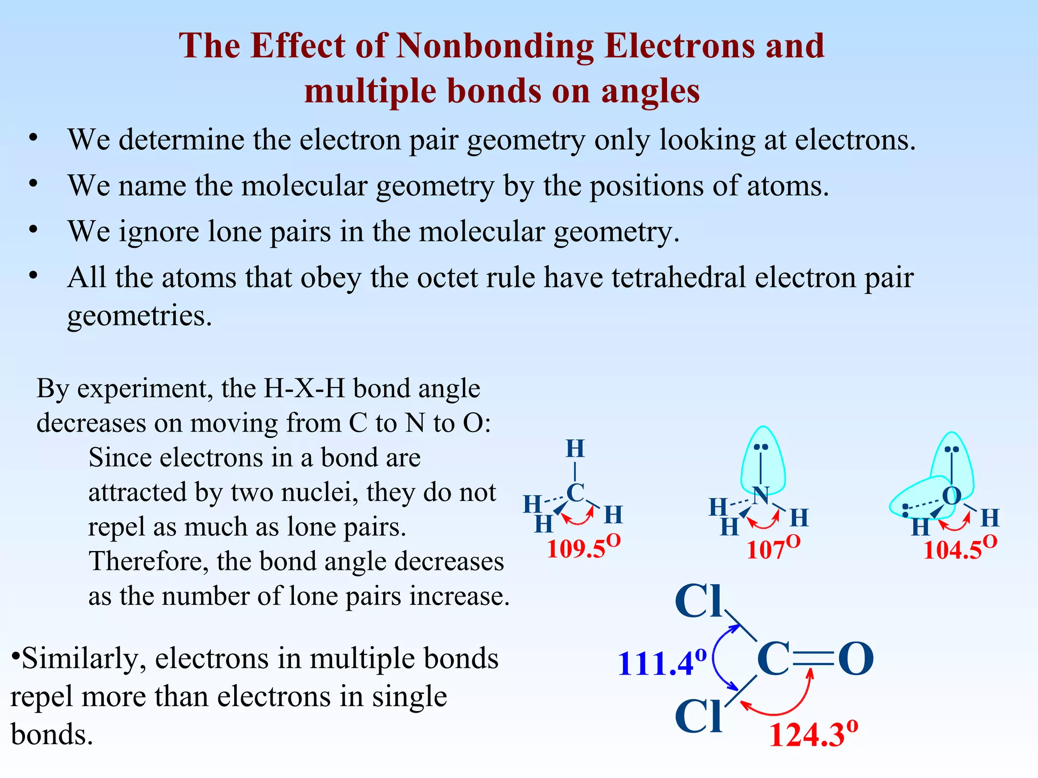 • We determine the electron pair geometry only looking at electrons.
• We name the molecular geometry by the positions of atoms.
• We ignore lone pairs in the molecular geometry.
• All the atoms that obey the octet rule have tetrahedral electron pair
geometries.
The Effect of Nonbonding Electrons and
multiple bonds on angles
104.5O
107O
N
HH
H
C
H
HH
H
109.5O
O
HH
By experiment, the H-X-H bond angle
decreases on moving from C to N to O:
Since electrons in a bond are
attracted by two nuclei, they do not
repel as much as lone pairs.
Therefore, the bond angle decreases
as the number of lone pairs increase.
•Similarly, electrons in multiple bonds
repel more than electrons in single
bonds.
C O
Cl
Cl
111.4o
124.3o
 