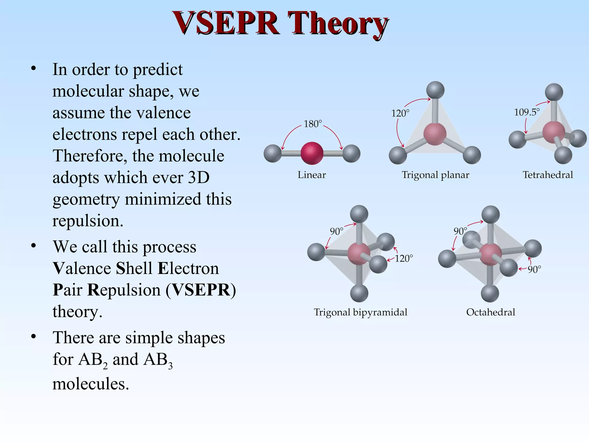 • In order to predict
molecular shape, we
assume the valence
electrons repel each other.
Therefore, the molecule
adopts which ever 3D
geometry minimized this
repulsion.
• We call this process
Valence Shell Electron
Pair Repulsion (VSEPR)
theory.
• There are simple shapes
for AB2 and AB3
molecules.
VSEPR TheoryVSEPR Theory
 