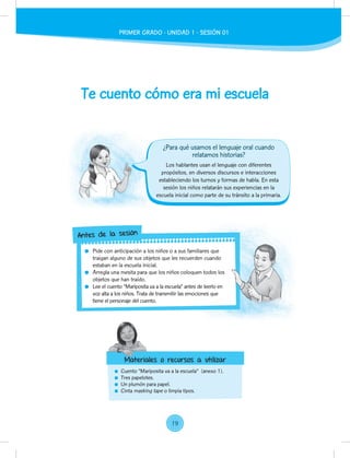 Te cuento cómo era mi escuela
Cuento “Mariposita va a la escuela” (anexo 1).
Tres papelotes.
Un plumón para papel.
Cinta masking tape o limpia tipos.
Los hablantes usan el lenguaje con diferentes
propósitos, en diversos discursos e interacciones
estableciendo los turnos y formas de habla. En esta
sesión los niños relatarán sus experiencias en la
escuela inicial como parte de su tránsito a la primaria.
Pide con anticipación a los niños o a sus familiares que
traigan alguno de sus objetos que les recuerden cuando
estaban en la escuela inicial.
Arregla una mesita para que los niños coloquen todos los
objetos que han traído.
Lee el cuento “Mariposita va a la escuela” antes de leerlo en
voz alta a los niños. Trata de transmitir las emociones que
tiene el personaje del cuento.
Pide con anticipación a los niños o a sus familiares que
traigan alguno de sus objetos que les recuerden cuando
Arregla una mesita para que los niños coloquen todos los
Lee el cuento “Mariposita va a la escuela” antes de leerlo en
voz alta a los niños. Trata de transmitir las emociones que
Antes de la sesión
Materiales o recursos a utilizar
¿Para qué usamos el lenguaje oral cuando
relatamos historias?
Materiales o recursos a utilizar
PRIMER GRADO - UNIDAD 1 - SESIÓN 01
19
 