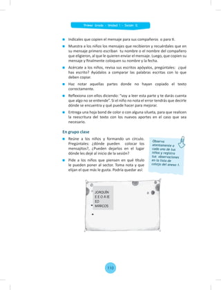 En grupo clase
Reúne a los niños y formando un círculo.
Pregúntales: ¿dónde pueden colocar los
mensajitos?, ¿Pueden dejarlos en el lugar
dónde les dejé al inicio de la sesión?
Pide a los niños que piensen en qué título
le pueden poner al sector. Toma nota y que
elijan el que más le gusta. Podría quedar así:
Indícales que copien el mensaje para sus compañeros o para ti.
Muestra a los niños los mensajes que recibieron y recuérdales que en
su mensaje primero escriban tu nombre o el nombre del compañero
que eligieron, al que le quieren enviar el mensaje. Luego, que copien su
mensaje y ﬁnalmente coloquen su nombre y la fecha.
Acércate a los niños, revisa sus escritos apóyalos, pregúntales: ¿qué
has escrito? Ayúdalos a comparar las palabras escritas con lo que
deben copiar.
Haz notar aquellas partes donde no hayan copiado el texto
correctamente.
Reﬂexiona con ellos diciendo: “voy a leer esta parte y te darás cuenta
que algo no se entiende”. Si el niño no nota el error tendrás que decirle
dónde se encuentra y qué puede hacer para mejorar.
Entrega una hoja bond de color o con alguna silueta, para que realicen
la reescritura del texto con los nuevos aportes en el caso que sea
necesario.
Observa
atentamente a
cada uno de tus
niños y registra
tus observaciones
en la lista de
cotejo del anexo 1.
JOAQUÍN
E E O A IE
EO
MARCOS
110
Primer Grado - Unidad 1 - Sesión 12
 