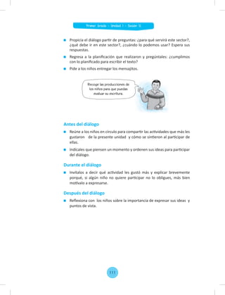 Propicia el diálogo partir de preguntas: ¿para qué servirá este sector?,
¿qué debe ir en este sector?, ¿cuándo lo podemos usar? Espera sus
respuestas.
Regresa a la planiﬁcación que realizaron y pregúntales: ¿cumplimos
con lo planiﬁcado para escribir el texto?
Pide a los niños entregar los mensajitos.
Recoge las producciones de
los niños para que puedas
evaluar su escritura.
Antes del diálogo
Reúne a los niños en círculo para compartir las actividades que más les
gustaron de la presente unidad y cómo se sintieron al participar de
ellas.
Indícales que piensen un momento y ordenen sus ideas para participar
del diálogo.
Durante el diálogo
Invítalos a decir qué actividad les gustó más y explicar brevemente
porqué, si algún niño no quiere participar no lo obligues, más bien
motívalo a expresarse.
Después del diálogo
Reﬂexiona con los niños sobre la importancia de expresar sus ideas y
puntos de vista.
111
Primer Grado - Unidad 1 - Sesión 12
 