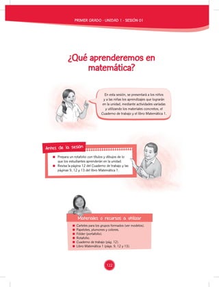 Prepara un rotafolio con títulos y dibujos de lo
que los estudiantes aprenderán en la unidad.
Revisa la página 12 del Cuaderno de trabajo y las
páginas 9, 12 y 13 del libro Matemática 1.
Prepara un rotafolio con títulos y dibujos de lo
que los estudiantes aprenderán en la unidad.
Revisa la página 12 del Cuaderno de trabajo y las
páginas 9, 12 y 13 del libro Matemática 1.
Antes de la sesión
¿Qué aprenderemos en
matemática?
Carteles para los grupos formados (ver modelos).
Papelotes, plumones y colores.
Fólder (portafolio).
Rotafolio.
Cuaderno de trabajo (pág. 12).
Libro Matemática 1 (págs. 9, 12 y 13).
En esta sesión, se presentará a los niños
y a las niñas los aprendizajes que lograrán
en la unidad, mediante actividades variadas
y utilizando los materiales concretos, el
Cuaderno de trabajo y el libro Matemática 1.
Materiales o recursos a utilizar
Materiales o recursos a utilizar
PRIMER GRADO - UNIDAD 1 - SESIÓN 01
122
 