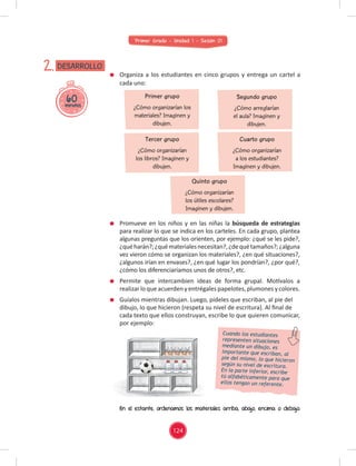 Primer Grado - Unidad 1 - Sesión 01
60
minutos
DESARROLLO
2. Organiza a los estudiantes en cinco grupos y entrega un cartel a
cada uno:
Promueve en los niños y en las niñas la búsqueda de estrategias
para realizar lo que se indica en los carteles. En cada grupo, plantea
algunas preguntas que los orienten, por ejemplo: ¿qué se les pide?,
¿quéharán?;¿quématerialesnecesitan?,¿dequétamaños?;¿alguna
vez vieron cómo se organizan los materiales?, ¿en qué situaciones?,
¿algunos irían en envases?, ¿en qué lugar los pondrían?, ¿por qué?,
¿cómo los diferenciaríamos unos de otros?, etc.
Permite que intercambien ideas de forma grupal. Motívalos a
realizarloqueacuerdenyentrégalespapelotes,plumonesycolores.
Guíalos mientras dibujan. Luego, pídeles que escriban, al pie del
dibujo, lo que hicieron (respeta su nivel de escritura). Al ﬁnal de
cada texto que ellos construyan, escribe lo que quieren comunicar,
por ejemplo:
En el estante, ordenamos los materiales arriba, abajo, encima o debajo.
Primer grupo
¿Cómo organizarían los
materiales? Imaginen y
dibujen.
Tercer grupo
¿Cómo organizarían
los libros? Imaginen y
dibujen.
Quinto grupo
¿Cómo organizarían
los útiles escolares?
Imaginen y dibujen.
Segundo grupo
¿Cómo arreglarían
el aula? Imaginen y
dibujen.
Cuarto grupo
¿Cómo organizarían
a los estudiantes?
Imaginen y dibujen.
Cuando los estudiantes
representen situaciones
mediante un dibujo, es
importante que escriban, al
pie del mismo, lo que hicieron
según su nivel de escritura.
En la parte inferior, escribe
tú alfabéticamente para que
ellos tengan un referente.
124
 