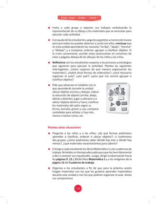 Primer Grado - Unidad 1 - Sesión 1
Invita a cada grupo a exponer sus trabajos verbalizando la
representación de su dibujo y los materiales que se necesitan para
ejecutar cada actividad.
Conayudadelosestudiantes,pegalospapelotesamanerademuseo
para que todos los puedan observar y, junto con ellos, concluye que
en esta unidad aprenderán las nociones “arriba”, “abajo”, “encima”
y “debajo”, y a comparar, ordenar, agrupar o clasiﬁcar objetos. Si
lo crees conveniente, escribe estas conclusiones en cartulinas de
color y pégalas debajo de los dibujos de los niños y las niñas.
Reﬂexiona con los estudiantes respecto a los procesos y estrategias
que siguieron para ejecutar la actividad. Plantea las siguientes
interrogantes: ¿cómo supieron de qué manera organizarían los
materiales?, ¿habrá otras formas de ordenarlos?; ¿será necesario
organizar el aula?, ¿por qué?; ¿para qué nos servirá agrupar o
clasiﬁcar objetos?
Pide que observen el rotafolio con lo
que aprenderán durante la unidad:
ubicar objetos encima y debajo; indicar
la ubicación de objetos (arriba, abajo,
detrás y delante); jugar a ubicarse o a
ubicar objetos dentro y fuera; clasiﬁcar
los materiales del salón según su
forma, tamaño, grosor y uso; comparar
cantidades para señalar si hay más,
menos o tantos como, etc.
Plantea otras situaciones
Pregunta a los niños y a las niñas: ¿de qué formas podríamos
aprender a clasiﬁcar, ordenar o ubicar objetos?; si tuviéramos
dos grupos, ¿cómo podríamos saber dónde hay más o dónde hay
menos?, ¿qué materiales necesitaríamos para saberlo?
EntregaacadaestudianteloslibrosMatemática1yloscuadernosde
trabajo. Bríndales un tiempo adecuado para que los lean libremente
y den a conocer sus inquietudes. Luego, dirige la observación hacia
las páginas 9, 12 y 13 del libro Matemática 1 y a las imágenes de la
página 12 del Cuaderno de trabajo.
Organiza a los estudiantes a ﬁn de que para la próxima sesión
traigan materiales con los que les gustaría aprender matemática
durante esta unidad o con los que podrían organizar el aula. Anota
sus compromisos
125
 