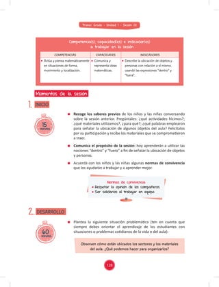 Primer Grado - Unidad 1 - Sesión 02
15
minutos
INICIO
Momentos de la sesión
1.
60
minutos
DESARROLLO
2.
Competencia(s), capacidad(es) e indicador(es)
a trabajar en la sesión
COMPETENCIAS CAPACIDADES INDICADORES
Actúa y piensa matemáticamente
en situaciones de forma,
movimiento y localización.
Comunica y
representa ideas
matemáticas.
Describe la ubicación de objetos y
personas con relación a sí mismo,
usando las expresiones “dentro” y
“fuera”.
Normas de convivencia
Respetar la opinión de los compañeros.
Ser solidarios al trabajar en equipo.
Recoge los saberes previos de los niños y las niñas conversando
sobre la sesión anterior. Pregúntales: ¿qué actividades hicimos?;
¿qué materiales utilizamos?, ¿para qué?; ¿qué palabras emplearon
para señalar la ubicación de algunos objetos del aula? Felicítalos
por su participación y recibe los materiales que se comprometieron
a traer.
Comunica el propósito de la sesión: hoy aprenderán a utilizar las
nociones “dentro” y “fuera” a ﬁn de señalar la ubicación de objetos
y personas.
Acuerda con los niños y las niñas algunas normas de convivencia
que los ayudarán a trabajar y a aprender mejor.
Plantea la siguiente situación problemática (ten en cuenta que
siempre debes orientar el aprendizaje de los estudiantes con
situaciones o problemas cotidianos de la vida o del aula):
Observen cómo están ubicados los sectores y los materiales
del aula. ¿Qué podemos hacer para organizarlos?
128
 