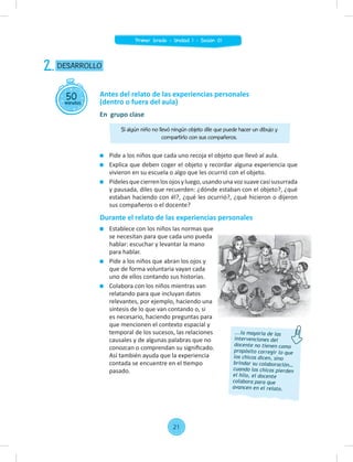 Pide a los niños que cada uno recoja el objeto que llevó al aula.
Explica que deben coger el objeto y recordar alguna experiencia que
vivieron en su escuela o algo que les ocurrió con el objeto.
Pídelesquecierrenlosojosyluego,usandounavozsuavecasisusurrada
y pausada, diles que recuerden: ¿dónde estaban con el objeto?, ¿qué
estaban haciendo con él?, ¿qué les ocurrió?, ¿qué hicieron o dijeron
sus compañeros o el docente?
Durante el relato de las experiencias personales
Establece con los niños las normas que
se necesitan para que cada uno pueda
hablar: escuchar y levantar la mano
para hablar.
Pide a los niños que abran los ojos y
que de forma voluntaria vayan cada
uno de ellos contando sus historias.
Colabora con los niños mientras van
relatando para que incluyan datos
relevantes, por ejemplo, haciendo una
síntesis de lo que van contando o, si
es necesario, haciendo preguntas para
que mencionen el contexto espacial y
temporal de los sucesos, las relaciones
causales y de algunas palabras que no
conozcan o comprendan su signiﬁcado.
Así también ayuda que la experiencia
contada se encuentre en el tiempo
pasado.
50
minutos
DESARROLLO
2.
Antes del relato de las experiencias personales
(dentro o fuera del aula)
En grupo clase
...la mayoría de las
intervenciones del
docente no tienen como
propósito corregir lo que
los chicos dicen, sino
brindar su colaboración…
cuando los chicos pierden
el hilo, el docente
colabora para que
avancen en el relato.
Si algún niño no llevó ningún objeto dile que puede hacer un dibujo y
compartirlo con sus compañeros.
21
Primer Grado - Unidad 1 - Sesión 01
 