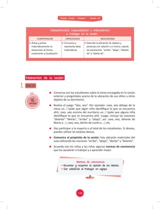 Primer Grado - Unidad 1 - Sesión 04
15
minutos
INICIO
Momentos de la sesión
1.
Competencia(s), capacidad(es) e indicador(es)
a trabajar en la sesión
COMPETENCIAS CAPACIDADES INDICADORES
Actúa y piensa
matemáticamente en
situaciones de forma,
movimiento y localización.
Comunica y
representa ideas
matemáticas.
Describe la ubicación de objetos y
personas con relación a sí mismo, usando
las expresiones “arriba”, “abajo”, “delante
de” y “detrás de”.
Conversa con los estudiantes sobre la tarea encargada en la sesión
anterior y pregúntales acerca de la ubicación de sus útiles u otros
objetos de su dormitorio.
Realiza el juego “Veo, veo”. Por ejemplo: ¡veo, veo debajo de la
mesa un…! (pide que algún niño identiﬁque lo que se encuentra
ahí); ¡veo, veo encima del escritorio un…! (pide que alguna niña
identiﬁque lo que se encuentra ahí). Luego, incluye las nociones
“delante” “detrás”, “arriba” y "abajo”, así: ¡veo, veo, delante de
María a…!; ¡veo, veo, detrás de Lucho a…!, etc.
Haz participar a la mayoría o al total de los estudiantes. Si deseas,
puedes utilizar las tarjetas léxicas.
Comunica el propósito de la sesión: hoy ubicarán materiales del
aula utilizando las nociones “arriba”, “abajo”, “detrás” y “delante”.
Acuerda con los niños y las niñas algunas normas de convivencia
que los ayudarán a trabajar y a aprender mejor.
Normas de convivencia
Escuchar y respetar la opinión de los demás.
Ser solidarios al trabajar en equipo.
138
 