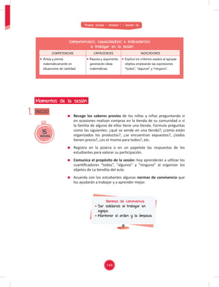 Primer Grado - Unidad 1 - Sesión 06
15
minutos
INICIO
Momentos de la sesión
1.
Competencia(s), capacidad(es) e indicador(es)
a trabajar en la sesión
COMPETENCIAS CAPACIDADES INDICADORES
Actúa y piensa
matemáticamente en
situaciones de cantidad.
Razona y argumenta
generando ideas
matemáticas.
Explica los criterios usados al agrupar
objetos empleando las expresiones
“todos”, “algunos” y “ninguno”.
Recoge los saberes previos de los niños y niñas preguntando si
en ocasiones realizan compras en la tienda de su comunidad o si
la familia de alguno de ellos tiene una tienda. Formula preguntas
como las siguientes: ¿qué se vende en una tienda?; ¿cómo están
organizados los productos?, ¿se encuentran expuestos?, ¿todos
tienen precio?, ¿es el mismo para todos?, etc.
Registra en la pizarra o en un papelote las respuestas de los
estudiantes para valorar su participación.
Comunica el propósito de la sesión: hoy aprenderán a utilizar los
cuantiﬁcadores “todos”, “algunos” y “ninguno” al organizar los
objetos de La tiendita del aula.
Acuerda con los estudiantes algunas normas de convivencia que
los ayudarán a trabajar y a aprender mejor.
Normas de convivencia
Ser solidarios al trabajar en
equipo.
Mantener el orden y la limpieza
149
 