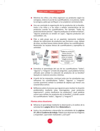 Primer Grado - Unidad 1 - Sesión 06
Mientras los niños y las niñas organizan sus productos según las
consignas, reitera el uso de los cuantiﬁcadores; si es preciso, repite
la consigna y pide que veriﬁquen si la cumplieron correctamente.
Una vez concluida la organización de los productos de La tiendita,
invita a los niños y a las niñas a señalar características de los
productos usando los cuantiﬁcadores. Por ejemplo: “todos los
productostienenprecios”,“algunosproductossevendenenbolsas”,
“algunos productos se venden en cajas”, “algunos productos son
comestibles”, etc.
Pide a cada grupo que en un papelote represente mediante
dibujos las colecciones de productos que formaron y que, debajo
de estas, escriban breves textos donde utilicen los cuantiﬁcadores.
Muéstrales las tarjetas léxicas de cuantiﬁcadores y ejempliﬁca la
actividad:
Formaliza el aprendizaje del uso de los cuantiﬁcadores “todos”,
“algunos” y “ninguno” a través de preguntas: ¿qué palabras hemos
utilizado para señalar la colección de productos de La tiendita?
Apóyate en material concreto o láminas.
A partir de las respuestas, concluye junto con los estudiantes que
utilizamos los cuantiﬁcadores “todos”, “algunos” y “ninguno”
cuando queremos señalar la cantidad de objetos que tienen una
característica común.
Reﬂexiona sobre el proceso que siguieron para resolver la situación
problemática mediante estas interrogantes: ¿qué productos
organizaron?, ¿cómo clasiﬁcaron los productos?; ¿qué palabras
usaron para señalar los productos de La tiendita?, ¿cuándo usarán
los cuantiﬁcadores “todos”, “algunos” y “ninguno”?
Refuerza el aprendizaje mediante la observación y el análisis de la
actividad de la página 34 del libro Matemática 1.
Invita a los estudiantes a desarrollar las actividades de las páginas
27 y 30 del Cuaderno de trabajo. Pídeles que observen las imágenes
y respondan: ¿qué están realizando?, ¿con qué?
Plantea otras situaciones
“Todos los productos
tienen precios”,
“algunos productos
vienen en bolsas”,
“ningún producto
tiene empaque color
morado”.
Todos
Algunos
Ninguno
S/.3
S/.3
S/.3
S/.4
S/.2
151
 
