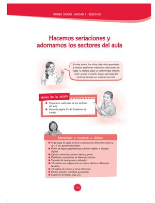 Prepara los materiales de los sectores
del aula.
Revisa la página 25 del Cuaderno de
trabajo.
Prepara los materiales de los sectores
Revisa la página 25 del Cuaderno de
Antes de la sesión
Tiras largas de papel arcoíris o cartulina (de diferentes colores y
de 10 cm, aproximadamente).
Fichas de figuras (geométricas o de otro diseño) o bloques
lógicos.
Lápices, plumones, colores, tijeras y goma.
Plastilinas y serpentinas de diferentes colores.
Trenzado de lana (grueso y delgado).
10 tarjetas con imágenes de un mismo objeto en diferentes
tamaños.
10 tarjetas de colores y tonos diferentes.
Piedras grandes, medianas y pequeñas.
Cuaderno de trabajo (pág. 25).
Materiales o recursos a utilizar
Materiales o recursos a utilizar
En esta sesión, los niños y las niñas aprenderán
a resolver problemas ordenando colecciones de
hasta 10 objetos según un determinado criterio:
color, grosor o tamaño; luego, adornarán los
sectores del aula con material concreto.
Hacemos seriaciones y
adornamos los sectores del aula
PRIMER GRADO - UNIDAD 1 - SESIÓN 07
153
 