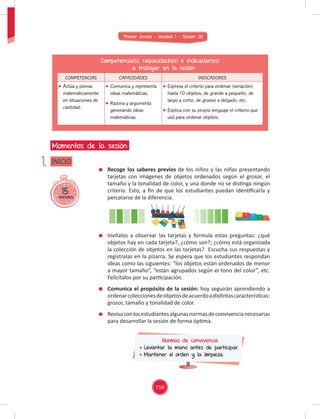 Primer Grado - Unidad 1 - Sesión 08
15
minutos
INICIO
Momentos de la sesión
1.
Competencia(s), capacidad(es) e indicador(es)
a trabajar en la sesión
COMPETENCIAS CAPACIDADES INDICADORES
Actúa y piensa
matemáticamente
en situaciones de
cantidad.
Comunica y representa
ideas matemáticas.
Razona y argumenta
generando ideas
matemáticas.
Expresa el criterio para ordenar (seriación)
hasta 10 objetos, de grande a pequeño, de
largo a corto, de grueso a delgado, etc.
Explica con su propio lenguaje el criterio que
usó para ordenar objetos.
Recoge los saberes previos de los niños y las niñas presentando
tarjetas con imágenes de objetos ordenados según el grosor, el
tamaño y la tonalidad de color, y una donde no se distinga ningún
criterio. Esto, a ﬁn de que los estudiantes puedan identiﬁcarla y
percatarse de la diferencia.
Invítalos a observar las tarjetas y formula estas preguntas: ¿qué
objetos hay en cada tarjeta?, ¿cómo son?; ¿cómo está organizada
la colección de objetos en las tarjetas? Escucha sus respuestas y
regístralas en la pizarra. Se espera que los estudiantes respondan
ideas como las siguientes: “los objetos están ordenados de menor
a mayor tamaño”, “están agrupados según el tono del color”, etc.
Felicítalos por su participación.
Comunica el propósito de la sesión: hoy seguirán aprendiendo a
ordenarcoleccionesdeobjetosdeacuerdoadistintascaracterísticas:
grosor, tamaño y tonalidad de color.
Revisaconlosestudiantesalgunasnormasdeconvivencianecesarias
para desarrollar la sesión de forma óptima.
Normas de convivencia
Levantar la mano antes de participar.
Mantener el orden y la limpieza.
159
 