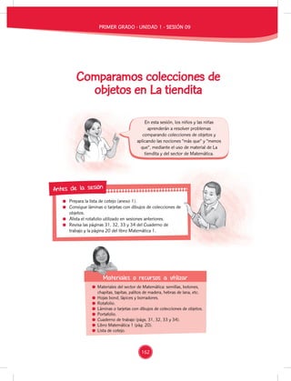 Prepara la lista de cotejo (anexo 1).
Consigue láminas o tarjetas con dibujos de colecciones de
objetos.
Alista el rotafolio utilizado en sesiones anteriores.
Revisa las páginas 31, 32, 33 y 34 del Cuaderno de
trabajo y la página 20 del libro Matemática 1.
Consigue láminas o tarjetas con dibujos de colecciones de
Revisa las páginas 31, 32, 33 y 34 del Cuaderno de
Antes de la sesión
Comparamos colecciones de
objetos en La tiendita
Materiales del sector de Matemática: semillas, botones,
chapitas, tapitas, palitos de madera, hebras de lana, etc.
Hojas bond, lápices y borradores.
Rotafolio.
Láminas o tarjetas con dibujos de colecciones de objetos.
Portafolio.
Cuaderno de trabajo (págs. 31, 32, 33 y 34).
Libro Matemática 1 (pág. 20).
Lista de cotejo.
En esta sesión, los niños y las niñas
aprenderán a resolver problemas
comparando colecciones de objetos y
aplicando las nociones “más que” y “menos
que”, mediante el uso de material de La
tiendita y del sector de Matemática.
Materiales o recursos a utilizar
Materiales o recursos a utilizar
PRIMER GRADO - UNIDAD 1 - SESIÓN 09
162
 