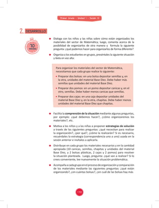 Primer Grado - Unidad 1 - Sesión 10
70
minutos
DESARROLLO
2.
Facilita la comprensión de la situación mediante algunas preguntas,
por ejemplo: ¿qué debemos hacer?, ¿cómo organizaremos los
materiales?, etc.
Motiva a los niños y a las niñas a proponer estrategias de solución
a través de las siguientes preguntas: ¿qué necesitan para realizar
la organización?, ¿por qué?, ¿cómo la realizarán? Si es necesario,
recuérdales la estrategia (correspondencia uno a uno) usada en la
sesión anterior e invítalos a aplicarla.
Distribuye en cada grupo los materiales necesarios y en la cantidad
apropiada (10 canicas, semillas, chapitas y unidades del material
Base Diez, y 2 bolsas plásticas, 2 cajas y 2 pomos) para resolver
la situación planteada. Luego, pregunta: ¿qué van a realizar? Si lo
crees conveniente, lee nuevamente la situación problemática.
Acompañaacadagrupoenelprocesodeorganizaciónycomparación
de los materiales mediante las siguientes preguntas: ¿qué están
organizando?, ¿en cuántas bolsas?, ¿en cuál de las bolsas hay más
Dialoga con los niños y las niñas sobre cómo están organizados los
materiales del sector de Matemática; luego, comenta acerca de la
posibilidad de organizarlos de otra manera y formula la siguiente
pregunta: ¿qué podemos hacer para organizarlos de forma diferente?
Organiza a los estudiantes en grupos, preséntales la siguiente situación
y léela en voz alta:
Para organizar los materiales del sector de Matemática,
necesitamos que cada grupo realice lo siguiente:
Preparar dos bolsas: en una bolsa depositar semillas y, en
la otra, unidades del material Base Diez. Debe haber más
semillas que unidades del material Base Diez.
Preparar dos pomos: en un pomo depositar canicas y, en el
otro, semillas. Debe haber menos canicas que semillas.
Preparar dos cajas: en una caja depositar unidades del
material Base Diez y, en la otra, chapitas. Debe haber menos
unidades del material Base Diez que chapitas.
170
 