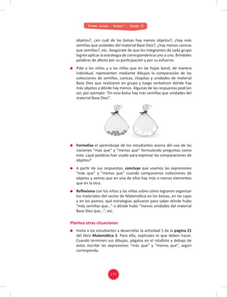 Primer Grado - Unidad 1 - Sesión 10
objetos?, ¿en cuál de las bolsas hay menos objetos?; ¿hay más
semillas que unidades del material Base Diez?, ¿hay menos canicas
que semillas?, etc. Asegúrate de que los integrantes de cada grupo
logren aplicar la estrategia de correspondencia uno a uno. Bríndales
palabras de afecto por su participación y por su esfuerzo.
Pide a los niños y a las niñas que en las hojas bond, de manera
individual, representen mediante dibujos la comparación de las
colecciones de semillas, canicas, chapitas y unidades de material
Base Diez que realizaron en grupo y luego verbalicen dónde hay
más objetos y dónde hay menos. Algunas de las respuestas podrían
ser, por ejemplo: “En esta bolsa hay más semillas que unidades del
material Base Diez”.
Formaliza el aprendizaje de los estudiantes acerca del uso de las
nociones “más que” y “menos que” formulando preguntas como
esta: ¿qué palabras han usado para expresar las comparaciones de
objetos?
A partir de sus respuestas, concluye que usamos las expresiones
“más que” y “menos que” cuando comparamos colecciones de
objetos y vemos que en una de ellas hay más o menos elementos
que en la otra.
Reﬂexiona con los niños y las niñas sobre cómo lograron organizar
los materiales del sector de Matemática en las bolsas, en las cajas
y en los pomos; qué estrategias aplicaron para saber dónde hubo
“más semillas que…” o dónde hubo “menos unidades del material
Base Diez que…”; etc.
Plantea otras situaciones
Invita a los estudiantes a desarrollar la actividad 5 de la página 21
del libro Matemática 1. Para ello, explícales lo que deben hacer.
Cuando terminen sus dibujos, pégalos en el rotafolio y debajo de
estos escribe las expresiones “más que” y “menos que”, según
corresponda.
171
 