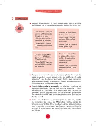 Primer Grado - Unidad 1 - Sesión 11
60
minutos
DESARROLLO
2.
Asegura la comprensión de las situaciones planteadas mediante
estas preguntas: ¿cómo resolveremos los problemas de cada
situación?, ¿qué tendremos que hacer? Pídeles que mencionen
algunas soluciones para los problemas sin usar cantidades exactas.
Luego, asigna un problema a cada grupo.
Orienta la búsqueda de estrategias de solución a través de las
siguientes preguntas: ¿qué se pide en cada problema?, ¿cómo
encontrarán la solución?, ¿qué necesitarán para resolver el
problema que les tocó? Recuerda que las respuestas que brinden
los estudiantes deben estar orientadas a la aplicación de la noción
“tantos como”.
Invita a los estudiantes a vivenciar el problema; para ello, reparte
los materiales del sector de Matemática: tapitas, palitos de
chupete, material Base Diez, cuerdas, botones, bloques lógicos,
etc., en cantidad necesaria para que hagan la representación de la
solución de los problemas; así como hojas bond, para que realicen
sus dibujos.
Organiza a los estudiantes en cuatro equipos; luego, pega en la pizarra
los papelotes con las siguientes situaciones y lee cada una en voz alta:
Carmen invitó a 7 amigos
a comer gelatina después
de jugar en su casa.
¿Cuántos vasitos utilizará
para invitar las gelatinas?
Dibujen TANTOS vasitos
COMO amigos de Carmen
haya.
Luis tiene 6 taps y Mario
quiere tener TANTOS taps
COMO tiene Luis.
Dibujen TANTOS taps para
Mario COMO la cantidad
que tiene Luis.
La mamá de Rosa colocó
9 platos en la mesa para
servir la sopa. ¿Cuántas
cucharas deberá colocar
en la mesa?
Dibujen TANTAS cucharas
COMO platos haya.
En mi grupo hay 4 niños
y cada uno debe recibir
un libro de Matemática.
¿Cuántos libros se
necesitarán?
Dibujen TANTOS libros de
Matemática COMO niños
haya.
175
 