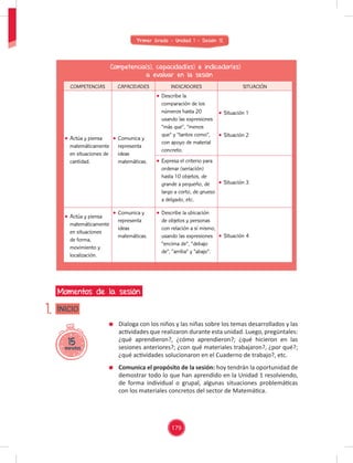 Primer Grado - Unidad 1 - Sesión 12
15
minutos
INICIO
Momentos de la sesión
1.
Competencia(s), capacidad(es) e indicador(es)
a evaluar en la sesión
Dialoga con los niños y las niñas sobre los temas desarrollados y las
actividades que realizaron durante esta unidad. Luego, pregúntales:
¿qué aprendieron?, ¿cómo aprendieron?; ¿qué hicieron en las
sesiones anteriores?; ¿con qué materiales trabajaron?, ¿por qué?;
¿qué actividades solucionaron en el Cuaderno de trabajo?, etc.
Comunica el propósito de la sesión: hoy tendrán la oportunidad de
demostrar todo lo que han aprendido en la Unidad 1 resolviendo,
de forma individual o grupal, algunas situaciones problemáticas
con los materiales concretos del sector de Matemática.
COMPETENCIAS CAPACIDADES INDICADORES SITUACIÓN
Actúa y piensa
matemáticamente
en situaciones de
cantidad.
Comunica y
representa
ideas
matemáticas.
Describe la
comparación de los
números hasta 20
usando las expresiones
“más que”, “menos
que” y “tantos como”,
con apoyo de material
concreto.
Situación 1
Situación 2
Expresa el criterio para
ordenar (seriación)
hasta 10 objetos, de
grande a pequeño, de
largo a corto, de grueso
a delgado, etc.
Situación 3
Actúa y piensa
matemáticamente
en situaciones
de forma,
movimiento y
localización.
Comunica y
representa
ideas
matemáticas.
Describe la ubicación
de objetos y personas
con relación a sí mismo,
usando las expresiones
“encima de”, “debajo
de”, “arriba” y “abajo”.
Situación 4
179
 
