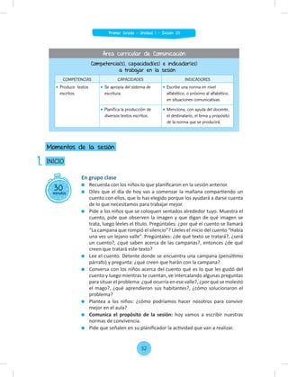 En grupo clase
Recuerda con los niños lo que planiﬁcaron en la sesión anterior.
Diles que el día de hoy vas a comenzar la mañana compartiendo un
cuento con ellos, que lo has elegido porque los ayudará a darse cuenta
de lo que necesitamos para trabajar mejor.
Pide a los niños que se coloquen sentados alrededor tuyo. Muestra el
cuento, pide que observen la imagen y que digan de qué imagen se
trata, luego léeles el título. Pregúntales: ¿por qué el cuento se llamará
“La campana que rompió el silencio”? Léeles el inicio del cuento “Había
una vez un lejano valle”. Pregúntales: ¿de qué texto se tratará?, ¿será
un cuento?, ¿qué saben acerca de las campanas?, entonces ¿de qué
creen que tratará este texto?
Lee el cuento. Detente donde se encuentra una campana (penúltimo
párrafo) y pregunta: ¿qué creen que harán con la campana?
Conversa con los niños acerca del cuento qué es lo que les gustó del
cuento y luego mientras te cuentan, ve intercalando algunas preguntas
para situar el problema: ¿qué ocurría en ese valle?, ¿por qué se molestó
el mago?, ¿qué aprendieron sus habitantes?, ¿cómo solucionaron el
problema?
Plantea a los niños: ¿cómo podríamos hacer nosotros para convivir
mejor en el aula?
Comunica el propósito de la sesión: hoy vamos a escribir nuestras
normas de convivencia.
Pide que señalen en su planiﬁcador la actividad que van a realizar.
30
minutos
INICIO
Momentos de la sesión
1.
Competencia(s), capacidad(es) e indicador(es)
a trabajar en la sesión
COMPETENCIAS CAPACIDADES INDICADORES
Produce textos
escritos.
Se apropia del sistema de
escritura.
Escribe una norma en nivel
alfabético, o próximo al alfabético,
en situaciones comunicativas.
Planifica la producción de
diversos textos escritos.
Menciona, con ayuda del docente,
el destinatario, el tema y propósito
de la norma que se producirá.
Área curricular de Comunicación
32
Primer Grado - Unidad 1 - Sesión 03
 
