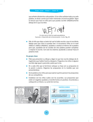 Dile al niño que deje su texto tal cual lo había escrito y que tú escribirás
debajo para que otros lo puedan leer. Si encuentras niños en el nivel
silábico o silábico alfabético, ayúdalos a analizar el interior de la palabra
para que, ayudados de los sonidos de otra palabra puedan completar
o mejorar lo escrito. Con esto los estamos ayudando a avanzar hacia el
próximo nivel.
queseñalendóndedicecadapalabra.Silosniñosseñalantodoynocada
palabra, te darás cuenta que están realizando una lectura global. Sigue
la lectura que hace el niño para que puedas escribir alfabéticamente
debajo de lo que escribió.
En este caso el niño ha usado pseudoletras.
Fascículo 1. Desarrollo de la Comunicación. II ciclo. Pág. 28
En grupo clase
Pide que presenten su dibujo y digan lo que han escrito debajo de él.
Sugiéreles que hablen fuerte y despacio. Pregunta a los niños si alguien
escribió algo igual o parecido y pide que lo lea.
Di a cada niño que al terminar coloque su hoja con su propuesta en
la pared o pizarra. Organiza las propuestas en la medida que van
presentándose.
Da la palabra a los niños para que opinen qué les parecen las propuestas
de sus compañeros.
Establece con los niños cuáles son los acuerdos. Las propuestas que
estén en negativo ayúdalas a transformarlas en positivo. Enuméralos y
colóquenle un título a su cartel de normas.
Ahora, me
van a dictar
qué acuerdos
proponen para
nuestra aula.
Saludamos.
Respetarnos.
NUESTROS ACUERDOS
SALUDAMOS AL LLEGAR A LA ESCUELA
DECIMOS "NO ME GUSTA" CUANDO NOS
HACEN DAÑO CON PALABRAS O GOLPES.
NOS LAVAMOS LAS MANOS ANTES DE
COMER LOS ALIMENTOS.
34
Primer Grado - Unidad 1 - Sesión 03
 