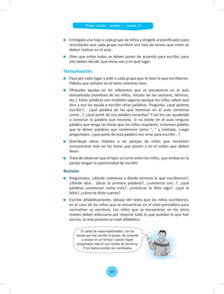 Entrégale una hoja a cada grupo de niños y dirígete al planiﬁcador para
recordarles que cada grupo escribirá una lista de tareas que creen se
deben realizar en el aula.
Diles que entre todos se deben poner de acuerdo para escribir, para
ello deben decidir qué letras van y en qué lugar.
Textualización
Pasa por cada lugar y pide a cada grupo que te lean lo que escribieron.
Pídeles que señalen en el texto mientras leen.
Ofréceles ayudas en los referentes que se encuentran en el aula
textualizada (nombres de los niños, rótulos de los sectores, letreros,
etc.). Estas palabras son modelos seguros porque los niños saben qué
dice y eso los ayuda a escribir otras palabras. Pregunta: ¿qué quieres
escribir?, ¿qué palabra de las que tenemos en el aula comienza
como…?, ¿qué parte de esa palabra necesitas? Y así los vas ayudando
a construir la palabra que necesita. Si no existe en el aula ninguna
palabra que tenga las letras que los niños requieren, entonces pídeles
que te dicten palabras que comiencen como “…” y anótalas. Luego
pregúntales: ¿qué parte de esta palabra nos sirve para escribir…?
Distribuye letras móviles a las parejas de niños que necesiten
concentrarse más en las letras que ponen y en el orden que deben
llevar.
Trata de observar que el lápiz se turne entre los niños, que ambos en la
pareja tengan la oportunidad de escribir.
Revisión
Pregúntales: ¿dónde comienza y dónde termina lo que escribieron?,
¿dónde dice… (dices la primera palabra)?, ¿comienza con…?, ¿qué
palabras comienzan como esta?, ¿entonces le falta algo?, ¿qué le
falta?, ¿cómo te diste cuenta?
Escribe alfabéticamente, debajo del texto que los niños escribieron,
en el caso de los niños que se encuentran en el nivel presilábico para
normalizar su escritura. Los niños que se encuentran en los otros
niveles deben esforzarse por mejorar todo lo que puedan lo que han
escrito, lo más próximo al nivel alfabético.
El cartel de responsabilidades, con las
tareas que han escrito el grupo, las volverán
a revisar en un tiempo cuando hayan
progresado más en sus niveles de escritura.
Y los textos podrán ser cambiados.
69
Primer Grado - Unidad 1 - Sesión 07
 