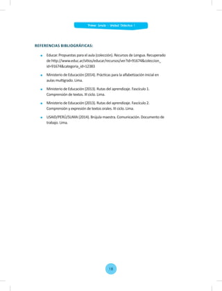 REFERENCIAS BIBLIOGRÁFICAS:
Educar. Propuestas para el aula (colección). Recursos de Lengua. Recuperado
de http://www.educ.ar/sitios/educar/recursos/ver?id=91674&coleccion_
id=91674&categoria_id=12383
Ministerio de Educación (2014). Prácticas para la alfabetización inicial en
aulas multigrado. Lima.
Ministerio de Educación (2013). Rutas del aprendizaje. Fascículo 1.
Comprensión de textos. III ciclo. Lima.
Ministerio de Educación (2013). Rutas del aprendizaje. Fascículo 2.
Comprensión y expresión de textos orales. III ciclo. Lima.
USAID/PERÚ/SUMA (2014). Brújula maestra. Comunicación. Documento de
trabajo. Lima.
Primer Grado - Unidad Didáctica 1
18
 