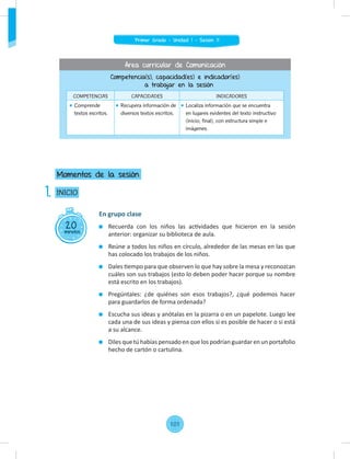 En grupo clase
Recuerda con los niños las actividades que hicieron en la sesión
anterior: organizar su biblioteca de aula.
Reúne a todos los niños en círculo, alrededor de las mesas en las que
has colocado los trabajos de los niños.
Dales tiempo para que observen lo que hay sobre la mesa y reconozcan
cuáles son sus trabajos (esto lo deben poder hacer porque su nombre
está escrito en los trabajos).
Pregúntales: ¿de quiénes son esos trabajos?, ¿qué podemos hacer
para guardarlos de forma ordenada?
Escucha sus ideas y anótalas en la pizarra o en un papelote. Luego lee
cada una de sus ideas y piensa con ellos si es posible de hacer o si está
a su alcance.
Diles que tú habías pensado en que los podrían guardar en un portafolio
hecho de cartón o cartulina.
20
minutos
INICIO
Momentos de la sesión
1.
Competencia(s), capacidad(es) e indicador(es)
a trabajar en la sesión
COMPETENCIAS CAPACIDADES INDICADORES
Comprende
textos escritos.
Recupera información de
diversos textos escritos.
Localiza información que se encuentra
en lugares evidentes del texto instructivo
(inicio, final), con estructura simple e
imágenes.
Área curricular de Comunicación
101
Primer Grado - Unidad 1 - Sesión 11
 