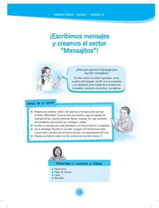 ¡Escribimos mensajes
y creamos el sector
"Mensajitos"!
Papel bond.
Papel de colores.
Lápiz.
Borrador.
En esta sesión los niños ingresarán como
usuarios del lenguaje escrito con un propósito
y un destinario real a través de la escritura de
mensajitos, poniendo en práctica sus saberes.
Prepara una cartulina, cartón, microporoso o tecnopor para que sea
el sector “Mensajitos”. Coloca cerca una mesita o caja con papeles de
diversas formas, colores y texturas; tijeras, crayolas, etc., que necesiten
los estudiantes para escribir sus mensajes o notitas.
Escribe un mensaje para cada estudiante, y el mismo texto en un papelote.
Lee la estrategia “Escribir en voz alta”, la página 79 del fascículo sobre
comprensión y producción de textos escritos, correspondiente al III ciclo.
Prepara una lista de cotejo con los nombres de tus niños (anexo 1).
Prepara una cartulina, cartón, microporoso o tecnopor para que sea
el sector “Mensajitos”. Coloca cerca una mesita o caja con papeles de
diversas formas, colores y texturas; tijeras, crayolas, etc., que necesiten
Escribe un mensaje para cada estudiante, y el mismo texto en un papelote.
Lee la estrategia “Escribir en voz alta”, la página 79 del fascículo sobre
comprensión y producción de textos escritos, correspondiente al III ciclo.
Antes de la sesión
Materiales o recursos a utilizar
¿Para qué usamos el lenguaje para
escribir mensajitos?
Materiales o recursos a utilizar
PRIMER GRADO - UNIDAD 1 - SESIÓN 12
105
 