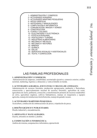 111


                    1.- ADMINISTRACIÓN Y COMERCIO
                    2.- ACTIVIDADES AGRARIAS
                    3.- ACTIVIDADES MARÍTIMO PESQUERAS
                    4.- ARTES GRÁFICAS
                    5.- ARTESANÍAS Y MANUALIDADES




                                                                                                  Formación y orientación laboral 1ro.
                    6.- COMPUTACIÓN E INFORMÁTICA
                    7.- COMUNICACIÓN, IMAGEN Y SONIDO
                    8.- CONSTRUCCIÓN
                    9.- CUERO Y CALZADO
                    10.- ELECTRICIDAD Y ELECTRÓNICA
                    11.- ESTÉTICA PERSONAL
                    12.- HOSTELERÍA Y TURISMO
                    13.- INDUSTRIAS ALIMENTARIAS
                    14.- MECÁNICA Y METALES
                    15.- MECÁNICA Y MOTORES
                    16.- MINERÍA
                    17.- QUÍMICA
                    18.- SALUD
                    19.- SERVICIOS SOCIALES Y ASISTENCIALES
                    20.- TEXTIL Y CONFECCIÓN




              LAS FAMILIAS PROFESIONALES
1. ADMINISTRACIÓN Y COMERCIO:
 Administración de empresas, contabilidad, secretariado ejecutivo, comercio exterior, crédito
sectorial, marketing, logística y almacenes y venta al detalle en tienda.

2. ACTIVIDADES AGRARIAS, AVICULTURA Y CRIANZA DE ANIMALES:
Administración de recursos forestales, producción agropecuaria, jardinería y floricultura,
conservación y aprovechamiento racional de recursos forestales, agricultura de costa,
agricultura de sierra, jardinería, extracción y transformación primaria de recursos maderables
en selva, agricultura orgánica, cultivos hidropónicos, manejo en maquinaria y equipos
agrícolas, manejo de instalaciones hortofrutícolas, manejo de ganado vacuno.

3. ACTIVIDADES MARÍTIMO PESQUERAS:
Acuicultura, conducción de embarcaciones de pesca y tripulación de pesca.

4. DISEÑO GRÁFICO Y PUBLICITARIO:
Diseño industrial y encuadernación.

5. ARTESANÍA Y MANUALIDADES:
Joyería, artesanía en metales y piedras.

6. COMPUTACIÓN E INFORMÁTICA:
Análisis de sistema, computación e informática, operación de
 