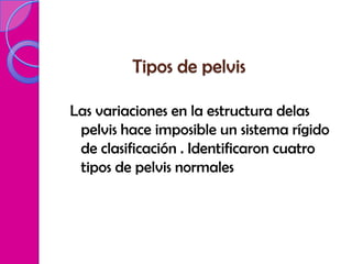 Tipos de pelvis

Las variaciones en la estructura delas
 pelvis hace imposible un sistema rígido
 de clasificación . Identificaron cuatro
 tipos de pelvis normales
 