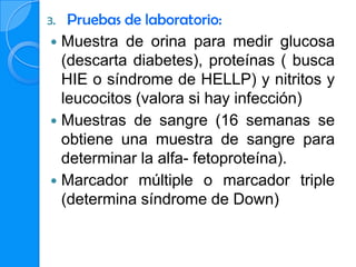 3. Pruebas de laboratorio:
 Muestra de orina para medir glucosa
  (descarta diabetes), proteínas ( busca
  HIE o síndrome de HELLP) y nitritos y
  leucocitos (valora si hay infección)
 Muestras de sangre (16 semanas se
  obtiene una muestra de sangre para
  determinar la alfa- fetoproteína).
 Marcador múltiple o marcador triple
  (determina síndrome de Down)
 