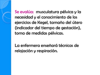 Se evalúa: musculatura pélvica y la
necesidad y el conocimiento de los
ejercicios de Kegel, tamaño del útero
(indicador del tiempo de gestación),
toma de medidas pélvicas.

La enfermera enseñará técnicas de
relajación y respiración.
 