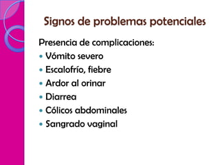 Signos de problemas potenciales
Presencia de complicaciones:
 Vómito severo
 Escalofrío, fiebre
 Ardor al orinar
 Diarrea
 Cólicos abdominales
 Sangrado vaginal
 