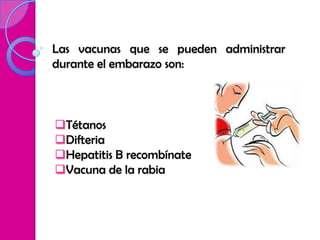 Las vacunas que se pueden administrar
durante el embarazo son:



Tétanos
Difteria
Hepatitis B recombínate
Vacuna de la rabia
 