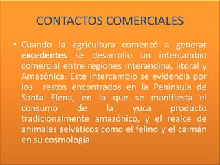 CONTACTOS COMERCIALES
• Cuando la agricultura comenzó a generar
  excedentes se desarrollo un intercambio
  comercial entre regiones interandina, litoral y
  Amazónica. Este intercambio se evidencia por
  los restos encontrados en la Península de
  Santa Elena, en la que se manifiesta el
  consumo      de      la    yuca      producto
  tradicionalmente amazónico, y el realce de
  animales selváticos como el felino y el caimán
  en su cosmología.
 