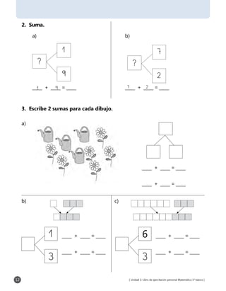 [ Unidad 2: Libro de ejercitación personal Matemática 1° básico ]12
3. Escribe 2 sumas para cada dibujo.
2. Suma.
____ + ____ = ____
____ + ____ = ____
1
3
?
1
9
____ + ____ = ____1 9
a) b)
?
7
2
____ + ____ = ____7 2
____ + ____ = ____
____ + ____ = ____
a)
____ + ____ = ____
____ + ____ = ____
3
6
b) c)
 