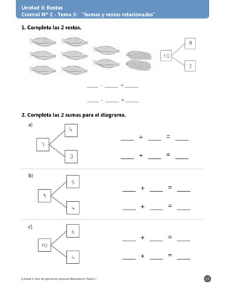 15[ Unidad 3: Libro de ejercitación personal Matemática 1° básico ]
Unidad 3: Restas
Control Nº 2 - Tema 3: “Sumas y restas relacionadas”
10
2
8
1. Completa las 2 restas.
2. Completa las 2 sumas para el diagrama.
+
+
=
=
4
3
7
_____ - ______ = ______
_____ - ______ = ______
+ =
+ =
9
5
4
+ =
+ =
10
6
4
a)
b)
c)
 