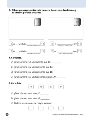 [ Unidad 5: Libro de ejercitación personal Matemática 1° básico ]24
4. Completa.
¿Qué número es 1 unidad más que 19? ___________
¿Qué número es 2 unidades más que 17? ___________
¿Qué número es 3 unidades más que 11? ___________
¿Qué número es 3 unidades menos que 12?___________
5. Completa.
¿Cuál número es el mayor? __________
¿Cuál número es el menor? __________
Ordena los números de mayor a menor.
11	 16	13	 14
3. Dibuja para representar cada número, barras para las decenas y 	
cuadrados para las unidades.
15 13es ____ unidades _________________
(más que o menos que)
13 15es ____ unidades _________________
(más que o menos que)
13 15
15 13es _____________________ que
(mayor que o menor que)
es _____________________ que
(mayor que o menor que)
15 13
a)
b)
c)
d)
a)
b)
c)
 
