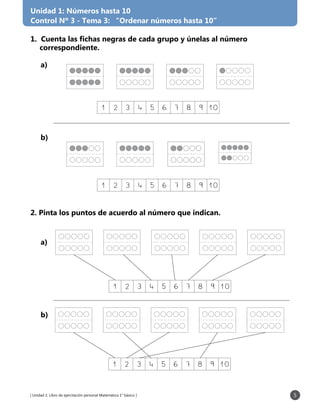 [ Unidad 1: Libro de ejercitación personal Matemática 1° básico ] 5
1. Cuenta las fichas negras de cada grupo y únelas al número
correspondiente.
2. Pinta los puntos de acuerdo al número que indican.
Unidad 1: Números hasta 10
Control Nº 3 - Tema 3: “Ordenar números hasta 10”
1 2 3 4 5 6 7 8 9 10
1 2 3 4 5 6 7 8 9 10
1 2 3 4 5 6 7 8 9 10
1 2 3 4 5 6 7 8 9 10
a)
b)
a)
b)
 