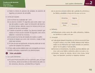 Sesión
Cuaderno del docente
Secundaria
Vida saludable
132
Sesión
Cuaderno del docente
Secundaria
Vida saludable
Sesión
Cuaderno del docente
Secundaria
Vida saludable
132
c)	 Harán lo mismo en posición de cangrejo, en posición de
lagartija y en posición de sentadilla.
2.	Sumas por equipos
a)	Se numeran los cuadrados del 1 al 4.
b)	Los alumnos tendrán 15 segundos para correr, saltar o ga-
tear de cuadro a cuadro, según la instrucción del docente.
Al mismo tiempo, deberán sumar los números de los cua-
drados en los que se detengan.
c)	 Cuando el docente lo indique, los alumnos tendrán que
realizar la misma acción durante 10 segundos, pero ahora
deberán ir restando los números.
d)	Se variarán las formas de traslado de cuadro a cuadro.
e)	Ganará el equipo que sume más números y, luego, el que
reste más números.
f)	 En caso de que sea pertinente, el docente podrá dar la indi-
cación de multiplicar los números.
3.	 Al final, cada cuarteto deberá crear una coreografía con las ac-
tividades realizadas y presentarla a los demás grupos.
Vida saludable
1.	Los cuatro elementos
a)	Se usa el mismo recuadro con los cuadrados, pero, en lugar
de números, ahora se escribirá un título dentro de cada cua-
dro: alimentos, descanso, actividad física e higiene.
b)	Los alumnos anotarán dentro del cuadrado los alimentos y
los hábitos saludables y fuera de él los que no lo son.
Alimentos Higiene
Actividad
física
Descanso
2.	Reflexión
a)	Reflexionarán juntos acerca de cuáles alimentos y hábitos
son benéficos y cuáles no lo son.
3.	Actuación
a)	Cada grupo deberá interpretar con mímica una acción bue-
na para la salud y una mala. Ambas deberán estar relacio-
nadas con los elementos que hayan anotado con anteriori-
dad en los recuadros o fuera de ellos.
b)	Durante la interpretación, los demás alumnos deberán adi-
vinar cuál es ese hábito o alimento y decir si es sano o no.
c)	 Ejemplos: lavarse los dientes, dormir ocho horas, tomar
agua, ver televisión, practicar un deporte, etcétera.
Los cuatro elementos 2
 