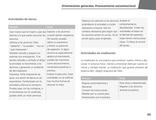86
Orientaciones generales: Procesamiento socioemocional
Actividades de danza
Procura Evita
Usar música que te inspire y que sea
distinta a la que suelen escuchar los
alumnos.
¡Motiva a los alumnos! Diles:
“adelante”, “tú puedes”, “eso es”,
“qué interesante”.
Siéntete cómodo y prepara tus
sesiones con anticipación. Si te
sientes cómodo y confiado al dirigir
la actividad, lo transmitirás a los
alumnos y generarás un ambiente
de fácil expresión.
Improvisa. Parte importante de
guiar una sesión de danza es ser
espontáneo. Familiarízate con la
actividad y disfruta el momento.
Prueba jugar con las consignas; si
te familiarizas con el contenido,
puedes darle un matiz personal.
Exponer a los alumnos
cuando sienten vergüenza.
De hacerlo, puedes
dañar su autoestima
y limitar su potencial
de expresión. Si algún
alumno es especialmente
apático al movimiento,
puedes dar incentivos
como reconocimiento,
comentarios positivos o
premios.
Evaluar la ejecución. Estas
actividades no se califican:
hay muchas formas de
alcanzar la meta.
Observa con atención si los alumnos
entendieron la actividad y si están
dispuestos a hacerla. Haz los
cambios necesarios para lograr que
los alumnos entren en acción. Da el
primer paso y pon el ejemplo.
Aceptar el
comportamiento
desordenado. Si bien las
actividades se basan en
la libertad de expresión,
todas tienen instrucciones
claras. Tú llevas el control
del grupo.
Actividades de meditación
La meditación es una práctica para entrenar nuestra mente y des-
cansar. El esfuerzo físico, mental y emocional obstruye nuestra ar-
monía y claridad mental. La meditación que guiarás proviene del
budismo Bön, religión originaria del Tíbet.
Procura Evita
Respirar profundamente y
descansar.
Conocer las instrucciones.
Meditar por tu cuenta para
familiarizarte con la práctica.
Estar tenso y desenfocado.
Regañar a los alumnos
durante la práctica.
 