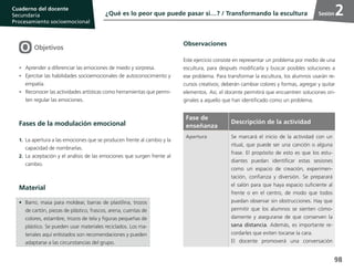98
Cuaderno del estudiante
Primaria 1, 2 y 3
Procesamiento Socioemocional
Cuaderno del docente
Secundaria
Procesamiento socioemocional
Sesión
Objetivos
•	 Aprender a diferenciar las emociones de miedo y sorpresa.
•	 Ejercitar las habilidades socioemocionales de autoconocimiento y
empatía.
•	 Reconocer las actividades artísticas como herramientas que permi-
ten regular las emociones.
Fases de la modulación emocional
1.	La apertura a las emociones que se producen frente al cambio y la
capacidad de nombrarlas.
2.	La aceptación y el análisis de las emociones que surgen frente al
cambio.
Material
Observaciones:
¿Qué es lo peor que puede pasar si…? / Transformando la escultura 2
Observaciones
Este ejercicio consiste en representar un problema por medio de una
escultura, para después modificarla y buscar posibles soluciones a
ese problema. Para transformar la escultura, los alumnos usarán re-
cursos creativos; deberán cambiar colores y formas, agregar y quitar
elementos. Así, el docente permitirá que encuentren soluciones ori-
ginales a aquello que han identificado como un problema.
•	 Barro, masa para moldear, barras de plastilina, trozos
de cartón, piezas de plástico, frascos, arena, cuentas de
colores, estambre, trozos de tela y figuras pequeñas de
plástico. Se pueden usar materiales reciclados. Los ma-
teriales aquí enlistados son recomendaciones y pueden
adaptarse a las circunstancias del grupo.
Fase de
enseñanza
Descripción de la actividad
Apertura Se marcará el inicio de la actividad con un
ritual, que puede ser una canción o alguna
frase. El propósito de esto es que los estu-
diantes puedan identificar estas sesiones
como un espacio de creación, experimen-
tación, confianza y diversión. Se preparará
el salón para que haya espacio suficiente al
frente o en el centro, de modo que todos
puedan observar sin obstrucciones. Hay que
permitir que los alumnos se sienten cómo-
damente y asegurarse de que conserven la
sana distancia. Además, es importante re-
cordarles que eviten tocarse la cara.
El docente promoverá una conversación
 