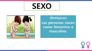 SEXO
(Biológicas)
Las personas nacen
como femenino o
masculino.
 
