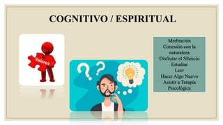 COGNITIVO / ESPIRITUAL
Meditación
Conexión con la
naturaleza
Disfrutar el Silencio
Estudiar
Leer
Hacer Algo Nuevo
Asistir a Terapia
Psicológica
 