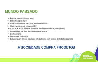 MUNDO PASSADO
• Poucos eventos de cada setor
• Elevado uso de papel
• Altos investimentos em A&B e atividades sociais
• Altos investimentos em produção
• 1 fala e MUITOS escutam (distância entre palestrantes e participantes)
• Patrocinador era visto como quem paga a conta
• Conhecimento
• Discussões intramuros
• Era cool quem fizesse faculdade e trabalhasse com carteira de trabalho assinada
A SOCIEDADE COMPRA PRODUTOS
 