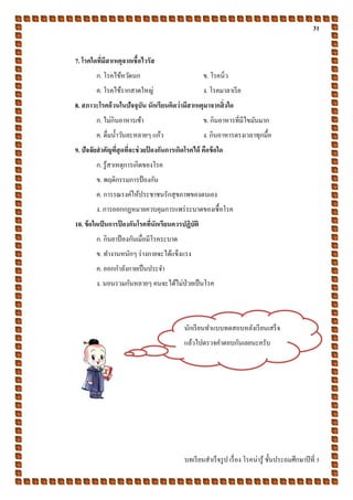 31
บทเรียนสาเร็จรูป เรื่อง โรคน่ารู้ ชั้นประถมศึกษาปีที่ 5
7. โรคใดที่มีสาเหตุจากเชื้อไวรัส
ก. โรคไข้หวัดนก ข. โรคนิ่ว
ค. โรคไข้รากสาดใหญ่ ง. โรคมาลาเรีย
8. สภาวะโรคอ้วนในปัจจุบัน นักเรียนคิดว่ามีสาเหตุมาจากสิ่งใด
ก. ไม่กินอาหารเช้า ข. กินอาหารที่มีไขมันมาก
ค. ดื่มน้าวันละหลายๆ แก้ว ง. กินอาหารตรงเวลาทุกมื้อ
9. ปัจจัยสาคัญที่สุดที่จะช่วยป้ องกันการเกิดโรคได้ คือข้อใด
ก. รู้สาเหตุการเกิดของโรค
ข. พฤติกรรมการป้ องกัน
ค. การรณรงค์ให้ประชาชนรักสุขภาพของตนเอง
ง. การออกกฏหมายควบคุมการแพร่ระบาดของเชื้อโรค
10. ข้อใดเป็นการป้ องกันโรคที่นักเรียนควรปฏิบัติ
ก. กินยาป้ องกันเมื่อมีโรคระบาด
ข. ทางานหนักๆ ร่างกายจะได้แข็งแรง
ค. ออกกาลังกายเป็นประจา
ง. นอนรวมกันหลายๆ คนจะได้ไม่ป่วยเป็นโรค
นักเรียนทาแบบทดสอบหลังเรียนเสร็จ
แล้วไปตรวจคาตอบกันเลยนะครับ
 